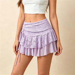 Floral Lace Ruffle Side Drawstring Mini Skirt