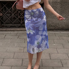 Blue Flower Printed Mesh Midi Skirt
