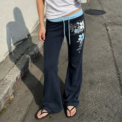 Blue Low Waist Floral Print Flare Leg Drawstring Sweatpants