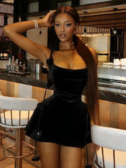 Satin Backless 3d Flower Strap Mini Dress