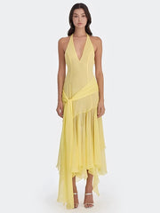 Sheer Halter V Neck Ruffle Pleated Hem  Maxi Dress
