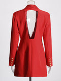 Red Deep V-Neck Open Back Double Breasted Long Sleeved Skirt Suit