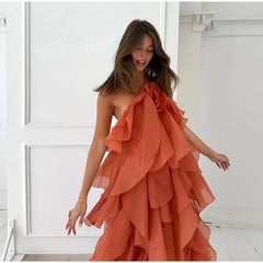 Flower Ruffles Halter Long Dress