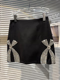 Rhinestone Bow Black High Waist Short Skirt