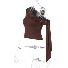 Asymmetrical Ribbon Metal Eyelet One-Shoulder Top