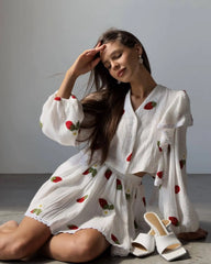 White Printed Ruffle Long Sleeve Shirt And Shorts Set