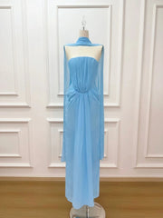 Strapless Folds Design Long Dress With Scarf