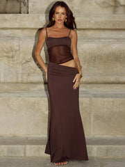 Brown Spaghetti Strap Mesh Patchwork Maxi Dress