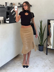 Embrodied Brown Pencil Midi Skirt