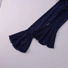 Off-Shoulder Flared Long Sleeve Sequined Maxi Dress