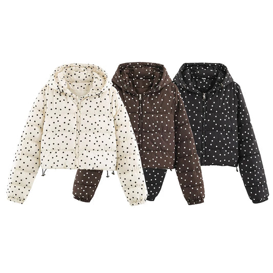 Polka Dot Zip Up Drawstring Hem Hooded Jacket