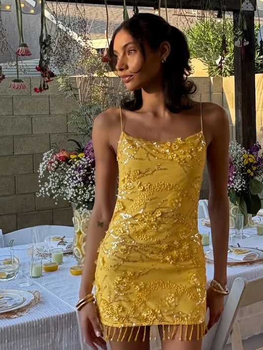 Yellow Sequin Beaded Tassel Open Back Strappy Mini Dress