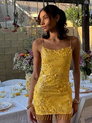 Yellow Sequin Beaded Tassel Open Back Strappy Mini Dress