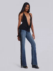 Black Deep V-neck Open Back Top