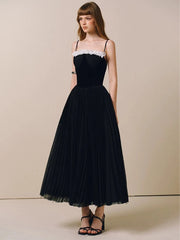 Black Strap Ruffles Tulle Midi Slit Dress