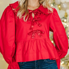 Red Ribbon Bow Doll Collar Long Sleeve Ruffled Blouse