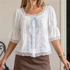 White Lace Spliced Puff Flare Sleeve Bow Tie Top