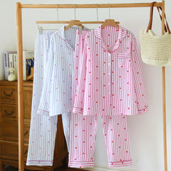 Cotton Heart Print Striped Long Sleeve Shirt And Trouser Nightwear Set