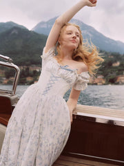 Blue Floral Puff Sleeve Corset Lace Up Midi Dress