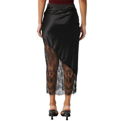 Satin Half Slip Lace Patchwork Long Skirt