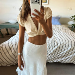 V-Neck Short Sleeve One Button Crop Top