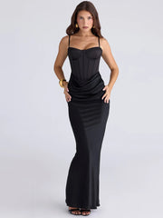 Black Corset Strap Drape Satin Maxi Dress