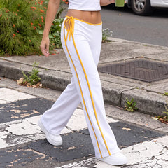White Drawstring Yellow Side Striped Long Pants