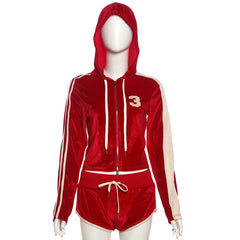 Red Velvet Zipper Crop Hoodie And Shorts Set