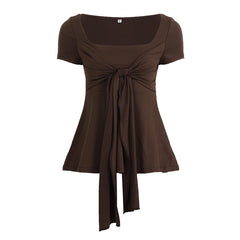Bandage Square Neck Tie Front Short Sleeve Peplum Blouse