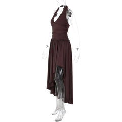 Brown Ruched Halter Midi Dress