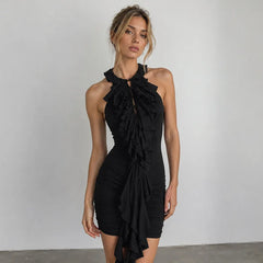 Black Ruffled Ruched Sleeveless Mini Dress