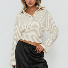 Striped Turn Down Collar Long Sleeve Top