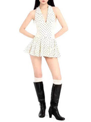 White Polka Dot Sleeveless A Line Mini Dress