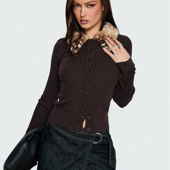 Brown Fur Collared Ribbed Button-Up Top