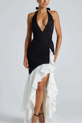 Deep V-neck Ruffles High Split Maxi Dress