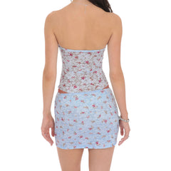 Blue Mesh Floral Lace Crop Tube Top And Mini Skirt Set