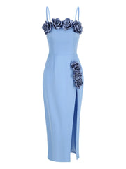Spaghetti Strap 3d Flower Applique Slit Midi Dress