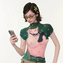 Star Cat Print High Collar Short Sleeve Top