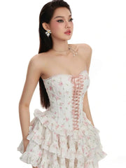 Strapless Printed Lace-up Mini Dress