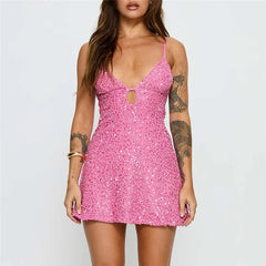 Pink Sequin Keyhole Strappy Mini Dress