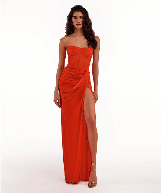 Strapless Rose Corset Pleated Asymmetrical Split Maxi Dress