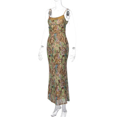 Printed Sequin Trim Open Back Maxi Dress
