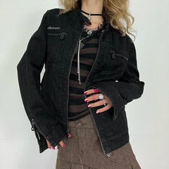 Black Double Zipper Denim Jacket