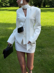 White V-Neck Tapered Waist Suit And Mini Skirt Set