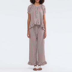 Plaid Puff Sleeve Shirt And Pj Pants Set