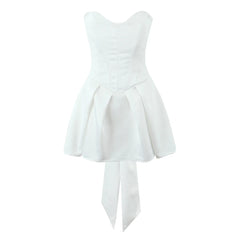 White Satin Tulle Back Bow Mini Strapless Dress