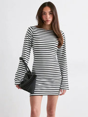 Striped O-Neck Bell Sleeve Mini Dress