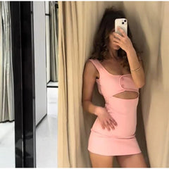 Pink Strap Cut Out Snap Button Bodycon Mini Dress