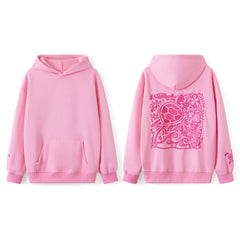 Pink hoodie with a turtle design on the back, shown from front and back views.