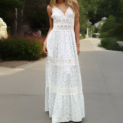 White Printed Lace Patchwork Maxi Dress